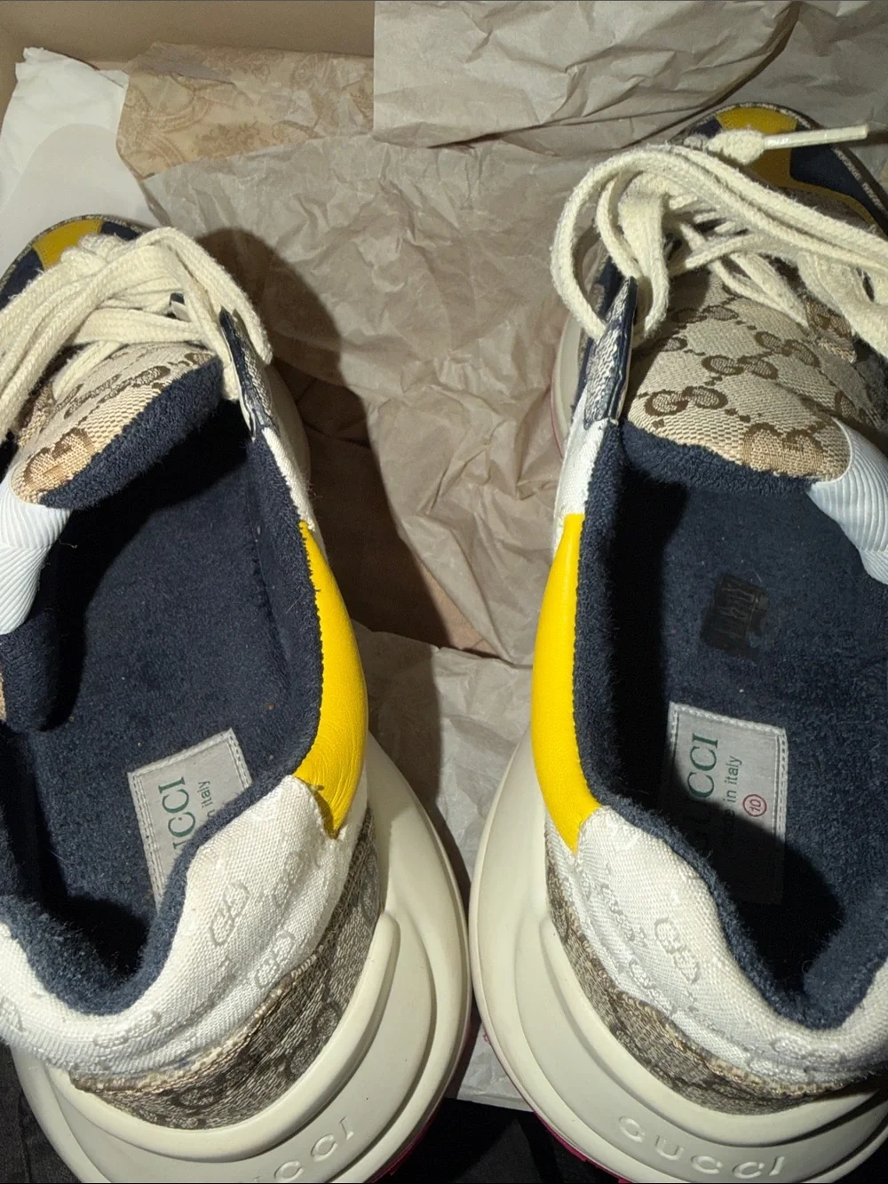 Gucci mens GG Monogram Sneakers with Navy and Yellow Accents